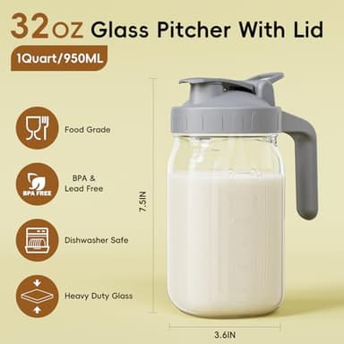 JunVpic Breast Milk Pitcher Jug - 32 oz Glass Mason Jar Airtight Pitcher with Pour Spout Handle for Breastmilk, Iced Tea, Ice Drinks Storage Container - Image 2