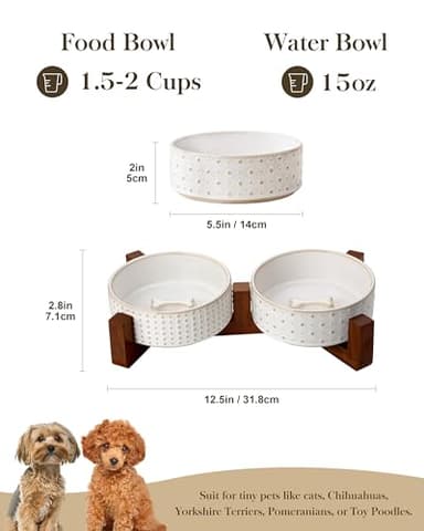 MALACASA Dog Bowl Set with Walnut Wood Stand, 1.5 Cups Ceramic Pet Bowls for Puppy Dogs, Dual Food and Water Bowls with Weighted Non-Slip Base, Basic Bowls for Your Dog or Cat, Rhombic & Polka Dots - Image 2