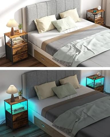 TUTOTAK LED End Table with Charging Station, Nightstand with Cloth Drawer, Side Table with 1 USB Port and 1 Type-C Port, Set of 2, Couch Table, Brown TB01BB052L - Image 5