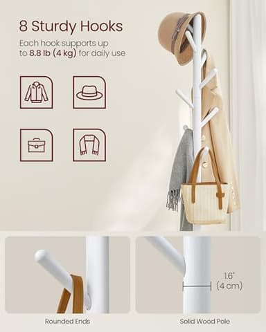 VASAGLE Coat Rack, Free Standing Coat Stand, Hall Coat Tree with 8 Hooks and Storage Shelf, 67.2 Inch Tall, for Coats, Hats, Bags, for Entryway, Hallway, Bedroom, Cloud White URCR040W01 - Image 4