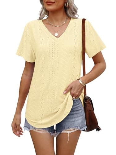 OFEEFAN Summer Tops for Women Trendy Loose Fit V Neck Curved Hem Long T Shirts Short Sleeve Ladies Tops and Blouses Summer Teacher Outfits for Women Clothes Yellow L - Image 2
