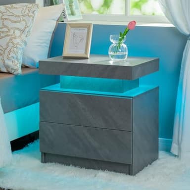 i-aplus Grey Night Stand Set 2 Modern Bedside Tables with 2 Drawers Bedroom Night Stands Set of 2 LED Night Stand for Bedroom, Living Room - Image 5