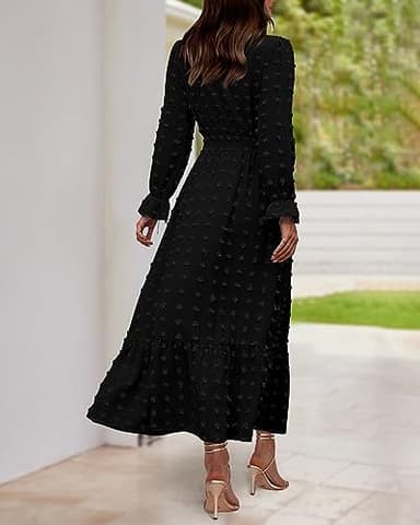 BTFBM Women Fall Maxi Dresses 2025 Long Sleeve V Neck Swiss Dots High Waisted A-Line Ruffle Boho Long Dress Vacation(Black,Medium) - Image 5