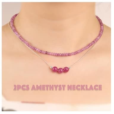 2Pcs Amethyst Necklace - Beaded Necklace Crystal Necklaces For Women - 4 MM Spinel Choker and Silver Chain Gem Pendant Women Jewelry - Image 2