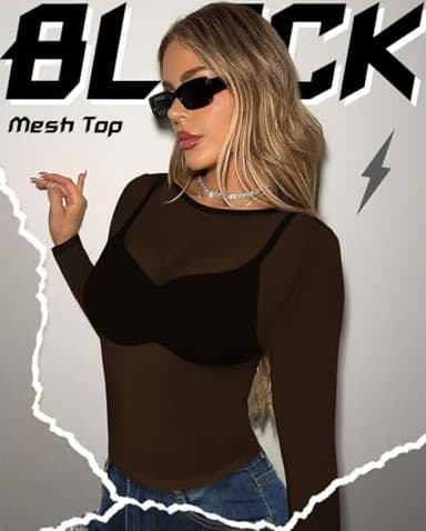 ZNVGIRL Women's Basic Mesh Sheer Tops Long Sleeve See Through Swimsuit Cover Ups T Shirt (Long Style Black,M) - Image 6