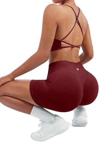 SUUKSESS Women Seamless 2 piece Workout Sets Strappy Padded Sports Bra Booty High Waisted Shorts Outfits (Wine Red,S) - Image 3