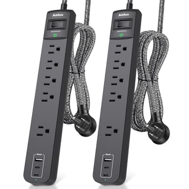 2 Pack Power Strip Surge Protector - 5 Widely Spaced Outlets 3 USB Charging Ports, 1875W/15A 6Ft Braided Extension Cord, Flat Plug Overload Protection, Wall Mount for Home Office Dorm Room Essentials - Image 1