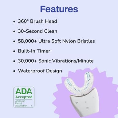 autobrush U Shaped Electric Toothbrush, ADA Accepted, Sonic Pro with Unique 360° Nylon Bristles, 3 Cleaning Modes, Ultrasonic, LED Lights, Rechargeable, Waterproof (Women's Small, White) - Image 6