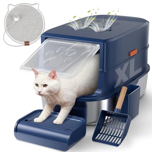 Stainless Steel Cat Litter Box with Lid - 3 in 1 Enclosed Cat Litter Box XL Extra Large Odor Control Covered Metal Litter Pan for Big Multiple Cats Includes Step, Scoop, Cats Scratcher Mat - Image 1