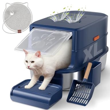 Stainless Steel Cat Litter Box with Lid - 3 in 1 Enclosed Cat Litter Box XL Extra Large Odor Control Covered Metal Litter Pan for Big Multiple Cats Includes Step, Scoop, Cats Scratcher Mat - Image 1