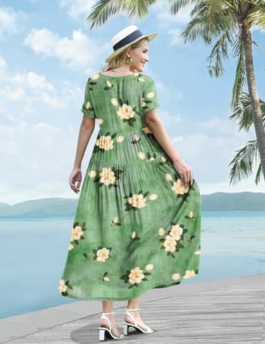 YESNO Women Casual Loose Bohemian Floral Dress with Pockets Short Sleeve Long Maxi Summer Beach Swing Dress S EJF CR19 - Image 6