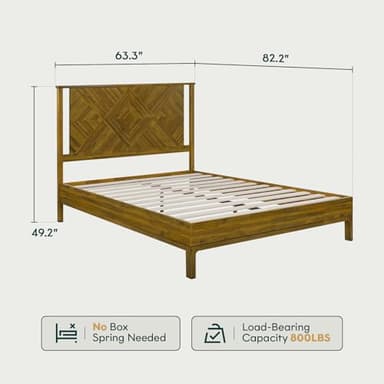 Bme Ethan Queen Bed Frame with Diamond Headboard, Mid-Century Modern, Solid Acacia Wood, No Box Spring Needed, Fits All Mattresses, Rustic Brown - Image 2