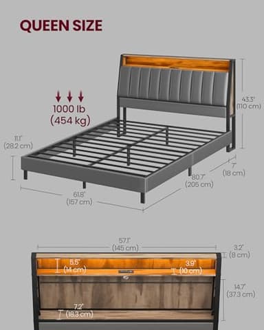 VASAGLE LED Bed Frame Queen Size, Storage Headboard and Charging Station, Queen Bed Frame with 2 AC Outlets, 1 USB Port, 1 Type-C Port, No Box Spring Needed, Dove Gray and Camel Brown URMB841G01 - Image 2