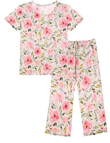 Ekouaer Women's Pajamas Set Short Sleeve Sleepwear 2 Piece Round Neck Top Capri Pants Loungewear with Pockets White/Pink Flower S - Image 1