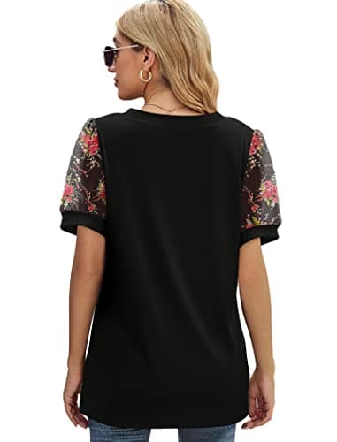 Summer Tops for Women Dressy Casual Swiss Dot Puff Sleeve Tops V Neck T Shirts XX-Large Black Floral - Image 4