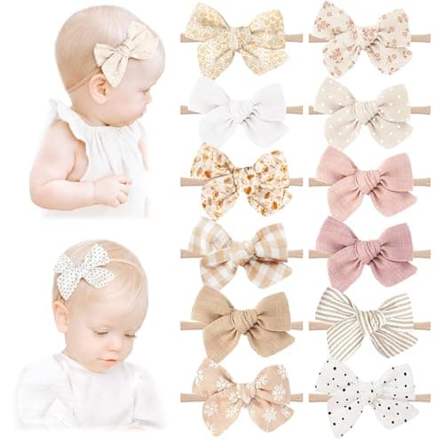 Niceye Handmade Hair Accessories: 12 Packs of Stretchy Nylon Headbands and Bows for Newborns, Infants, Toddler Girls - Image 1