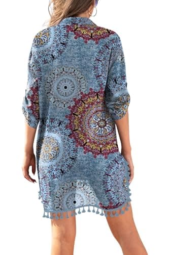 Yincro Women Swimsuit Cover Up Shirt 2025 Tassel Beach Bathing Suit for Swimwear Bikini Dress(Flower Mix Blue, 2XL) - Image 3