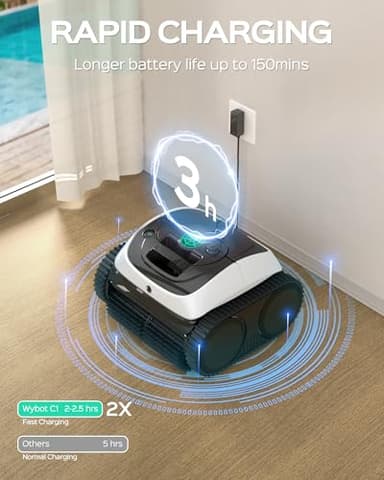 WYBOT C1 Robotic Pool Vacuum for Inground Pools, 150min Runtime Cordless Pool Cleaner up to 1,614Sq.ft, Wall & Waterline Cleaning, 4-in-1 Smart Navigation, App Support - Image 7