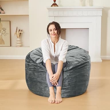 ILPEOD 3 Feet Bean Bag Chair - BeanBag Chairs for Adults, Living Room Furniture Sofa with Soft Micro Fiber Cover, Round Fluffy Couch for Bedroom College Dorm - Grey - Image 4