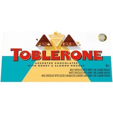 TOBLERONE Assorted Chocolate Bars Variety Pack (Milk, White, & Salted Caramelized Almonds), Bulk Chocolate, 1 Gift Box (9 Bars) - Image 1