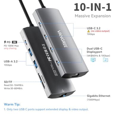 USB C Hub with Dual 4K@60Hz Displayports, 2 USB-A & 2 USBC 3.2 10Gbps Ports, 1Gbps Ethernet, 100W PD, SD/TF, USB C Splitter Docking Station for MacBook Pro/Air, iMac, iPad Pro, XPS, Thinkpad, Surface - Image 2