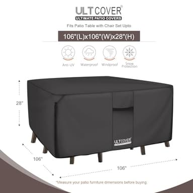 ULTCOVER 600D Tough Canvas Heavy Duty Square Patio Table and Chair Cover - Waterproof Outdoor General Purpose Furniture Covers 106 inch, Black - Image 2