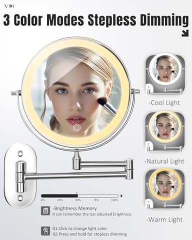 Wall Mounted Makeup Mirror with Light, 20X/1X 8'' Double Sided LED Magnifying Bathroom Lighted Vanity Mirror with Magnification, 3 Color Light up Touch Dimmable Extended Arm 360 Rotation - Image 3
