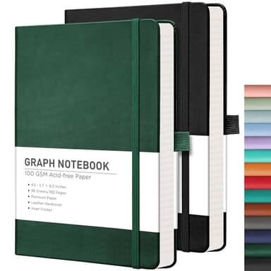 RETTACY Graph Grid Paper Notebook, 2-Pack, 192 Pages per Pack, A5 Medium Size (5.7'' x 8.3''), Leather Hardcover, 100 GSM Thick Paper, for School, Students, Math, Engineering (Black & Dark Green) - Image 1