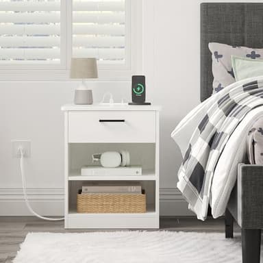 ODIKA Everyday Side Table with Fast Charging Station - USB C Cable Fast Charging, Wooden White Nightstand Bedside Table with Drawer, End Table with Optional Adjustable Shelf for Bedroom, Set of 1 - Image 9