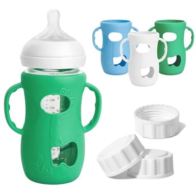 3 Pack Silicone Sleeves for Philips Avent Natural Glass Baby Bottle, Food Grade Silicone Cover and 3pcs Travel Caps, Lids Replacement (White+Blue+Green, 8oz) - Image 1