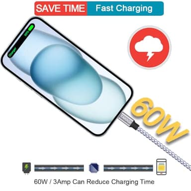 USB C Cable,for iPhone 17 16 15 Pro Max Fast Charger Cord braided USBC to USB C Cable 60W 6ft 3Pack Data Sync Type C Cable for iPhone 15 16Plus/iPad Mini 6,Pro 12.9/MacBook Pro/Air 5/Galaxy S25/S24/23 - Image 4