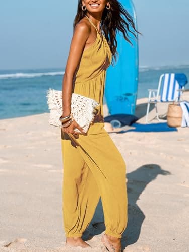 CUPSHE Women's Jumpsuit Halter Sleeveless Pleated Long Romper Knit Jogger Maxi Jumpsuit with Pockets Yellow, XXL - Image 5