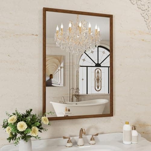 WEER Bathroom Mirror, 24x36 Inch Wall Mirror, Walnut Wood Grain Framed Mirror, Rectangle Vanity Mirror, Tempered Glass, Anti-Rust, Hangs Horizontally or Vertically - Image 1