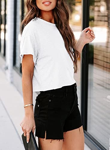 Tankaneo Women Short Sleeve Cropped T-Shirts Crew Neck Loose Crop Tops Summer Casual Drop Shoulder Basic Tees White - Image 2
