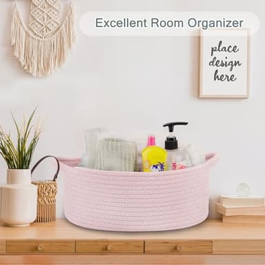 COMSE Small Woven Basket with Gift Bags and Ribbons, Gift Basket Empty, Cotton Rope Storage Organizer, Baby Toy Box with Handles, 12" x 8" x 5", Light pink - Image 5