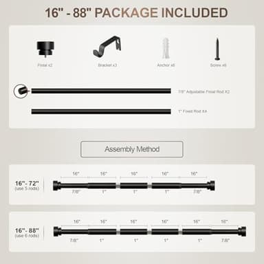 Lootkell Modern Black Curtain Rods for Windows 48 to 84 Inches Adjustable Length Heavy Duty 1" Diameter Window Curtain Rod with Decorative Finials for Outdoor Farmhouse Bedroom Kitchen Living Room - Image 9