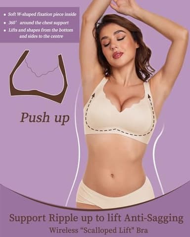 Quttlzze Scalloped Lift Bras for Women No Underwire Buttery Soft Push Up Wireless Bras V Neck Seamless Bralettes Beige,L - Image 4
