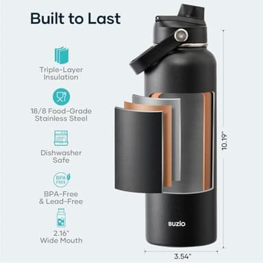 BUZIO 40oz Insulated Water Bottle, Triple Wall Vacuum Stainless Steel Water Flask with 2 lids, Lead-Free BPA-Free Straw Lid Sports Canteen Jug, Cold 48H & Hot 24H- Black - Image 4