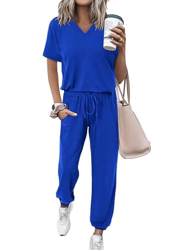 MASCOMODA Womens 2 Piece Outfits Summer Casual V Neck Short Sleeve Tops Long Pants Tracksuit Lounge Jogger Set with Pockets(Royal Blue,Large) - Image 1