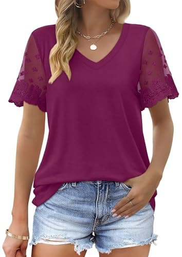 OFEEFAN Summer Outfits for Women Dressy Casual Tops Loose Fit Short Sleeve Shirts Mauve XL - Image 1