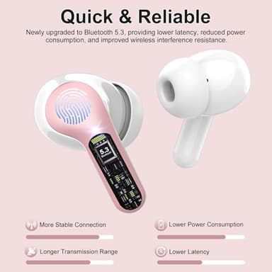 Wireless Earbuds, Bluetooth 5.4 Headphones HiFi Stereo, Bluetooth Earbuds with ENC Noise Cancelling Mic, IP7 Waterproof in Ear Earphones, 48H, LED Display Ear buds for Pad Phone Workout Sports, Pink - Image 2