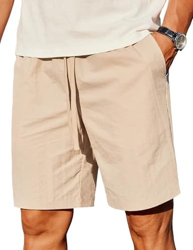 COOFANDY Men Casual Shorts 9" Elastic Waist Drawstring Beach Shorts Big and Tall, Light Khaki, Small - Image 1