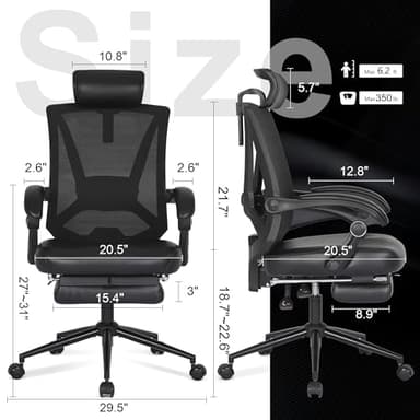 Misolant Ergonomic Office Chair with Footrest, Ergonomic Desk Chair with Adjustable 2D Lumbar Support, High Back Computer Chair with Adjustable Headrest, Comfortable Leather Office Chairs -Black - Image 2