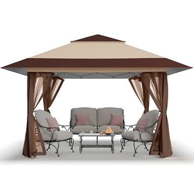 CROWN SHADES 13x13 Pop Up Gazebo, Canopy Tent, Gazebos on Clearance - Outdoor Gazebo for Backyard & Patio Furniture - Carpa Pop Up Tent with Wheeled STO-N-Go Cover Bag (Beige & Coffee) - Image 1