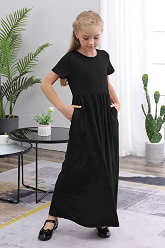 GORLYA Girl's Short Sleeve Floral Print Loose Casual Holiday Long Maxi Dress with Pockets (8Years/Height:130cm, Black Color) - Image 3