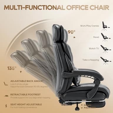 COLAMY Office Chair with Retractable Footrest, Ergonomic High Back Design Executive Computer Desk Chair with Removable Lumbar Pillow, 90-135°Reclining, Thick Bonded Leather for Home Office Work, Black - Image 7