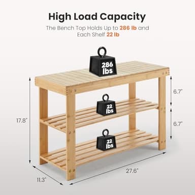 Sweetcrispy Shoe Rack Bench, 3-Tier Bamboo Entryway Storage Organizer, 286lb Capacity, Shoes Stand for FrontDoor Entrance, Bedroom, Living Room, Bathroom, Balcony, 11.3 x 27.6 x 17.8 Inches, Wood - Image 3