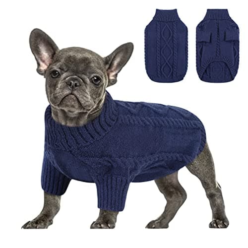 Queenmore Small Dog Pullover Sweater, Cold Weather Cable Knitwear, Classic Turtleneck Thick Warm Clothes for Chihuahua, Bulldog, Dachshund, Pug (Dark Navy, Medium) - Image 1