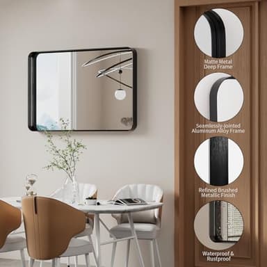 Koonmi Black Wall Mirror for Bathroom, 24x36 Inch Matte Deep Framed Rounded Rectangle Vanity Mirror for Farmhouse Living Room, Tempered Glass, Anti-Rust, Vertically or Horizontally - Image 3