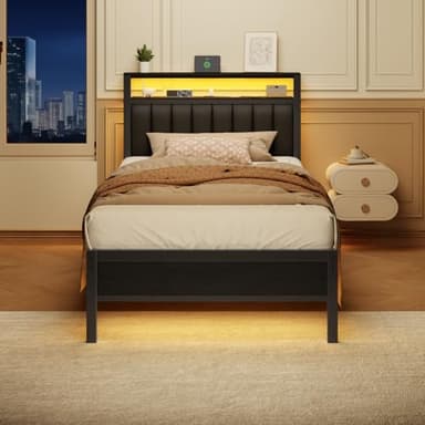 Furnulem Twin Size Bed Frame with Charging Station and LED Lights, Platform Bed with Metal Slats, Grey Upholstered Headboard with 2-Tier Storage Shelves, No Box Spring Needed - Image 6
